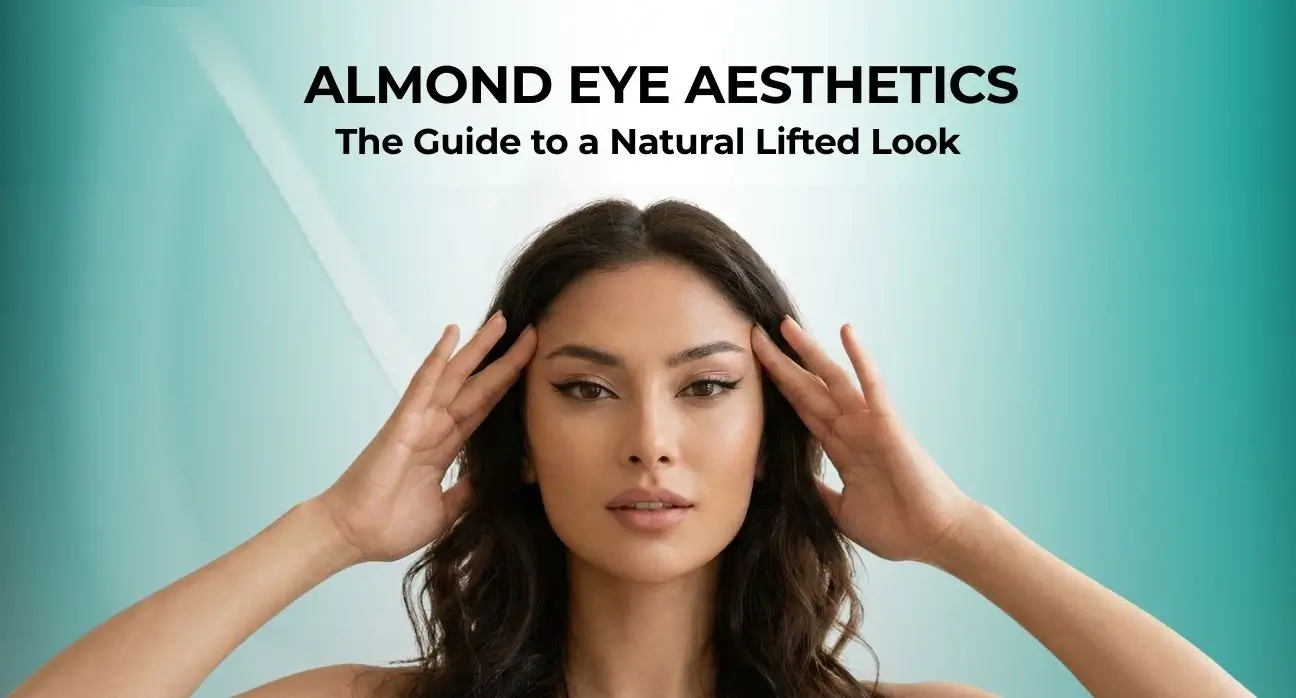 Woman showing lifted outer eye corners and refreshed look after Almond Eye aesthetics at Estetik International.