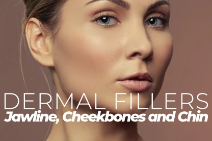 A patient's face showing facial contouring areas for jawline, cheekbones, and chin using dermal fillers at Estetik International.