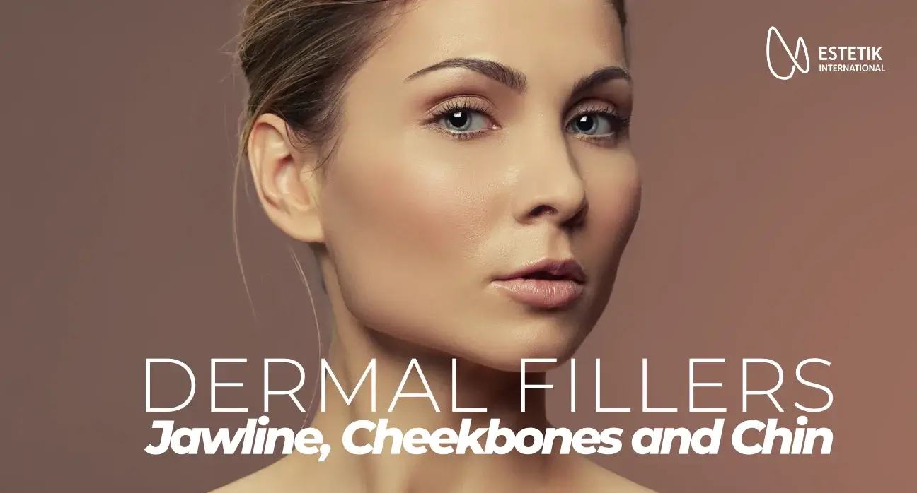 A patient's face showing facial contouring areas for jawline, cheekbones, and chin using dermal fillers at Estetik International.