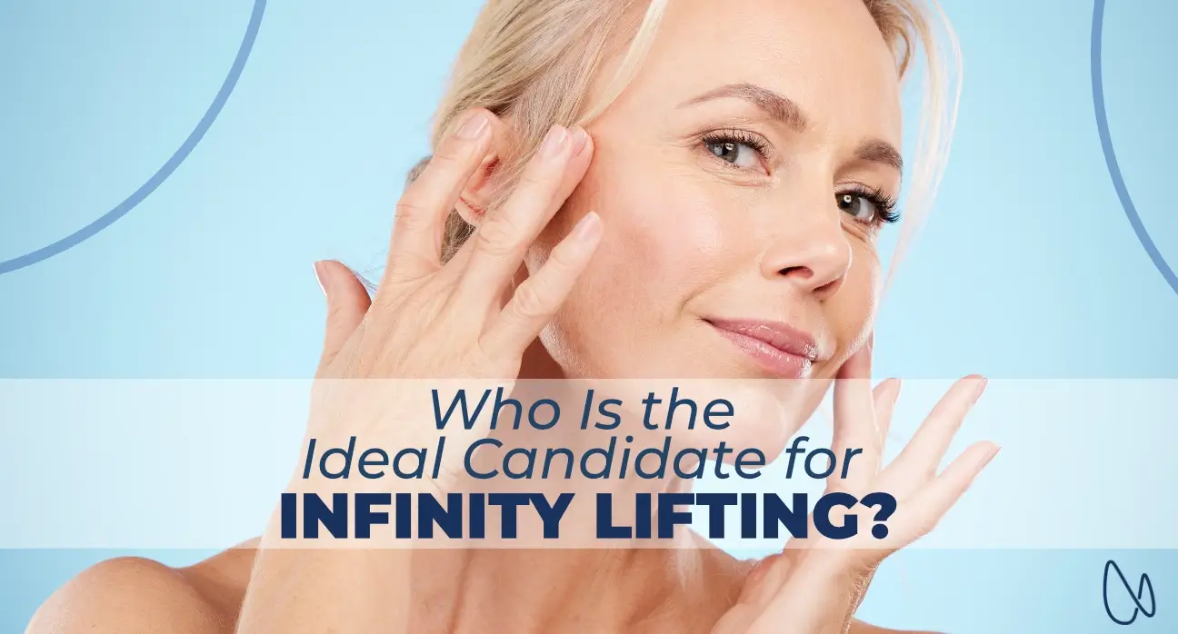 A woman touching her cheeks gently, showcasing lifted facial contours after Infinity Lifting at Estetik International.