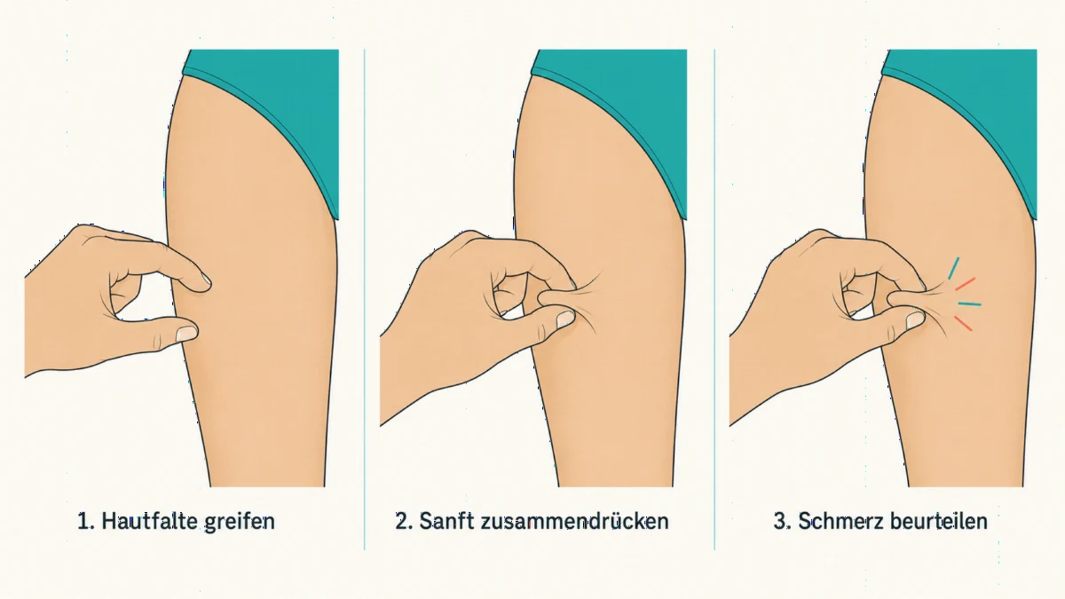Kneiftest bei Lipödem in drei Schritten: Hautfalte am Oberschenkel greifen, zusammendrücken und den Schmerz beurteilen
