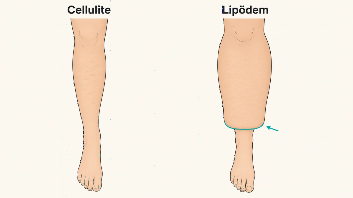 Lipödem oder Cellulite im Vergleich: beim Lipödem endet die Fettvermehrung abrupt am Knöchel, der Fuß bleibt schlank