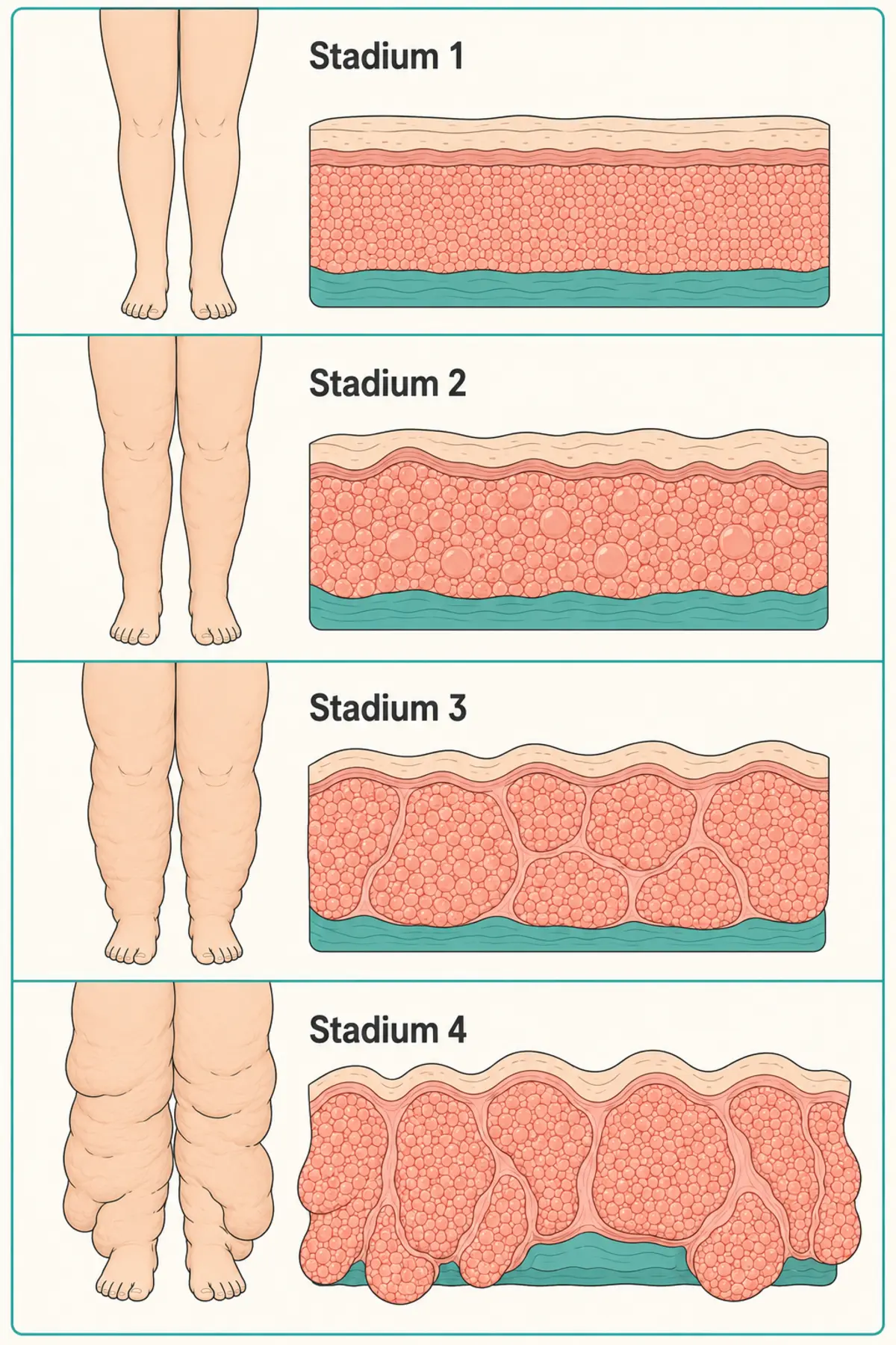 Die vier Stadien des Lipödems im Vergleich: von Stadium 1 mit glatter Haut und gleichmäßig verdicktem Fettgewebe bis Stadium 4 mit ausgeprägten Fettlappen