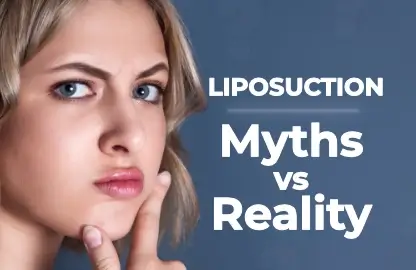 A thoughtful woman reflecting on liposuction myths and facts, symbolizing awareness and informed decision-making before treatment at Estetik International.