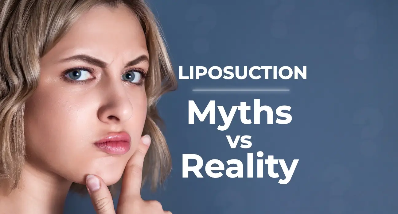 A thoughtful woman reflecting on liposuction myths and facts, symbolizing awareness and informed decision-making before treatment at Estetik International.