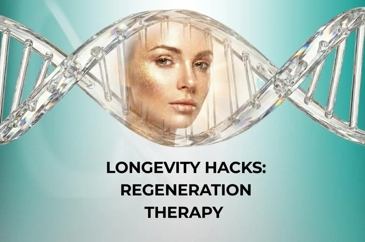 Illustration showing Regeneration IV Therapy infusion supporting cellular repair and longevity at Estetik International.