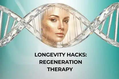 Illustration showing Regeneration IV Therapy infusion supporting cellular repair and longevity at Estetik International.