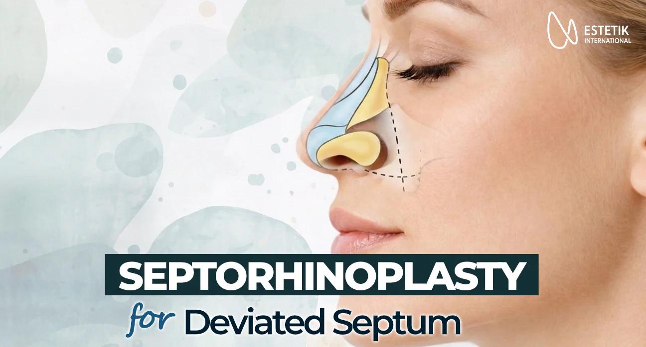 Professional medical illustration demonstrating deviated septum correction, turbinate reduction, and septorhinoplasty anatomy.
