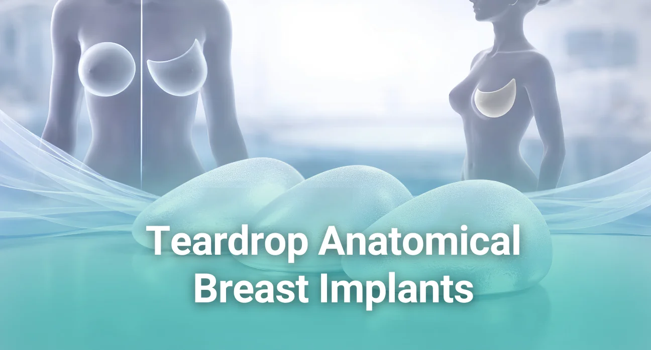 Expert surgeon explaining the differences between anatomical teardrop and round silicone implants for breast augmentation.